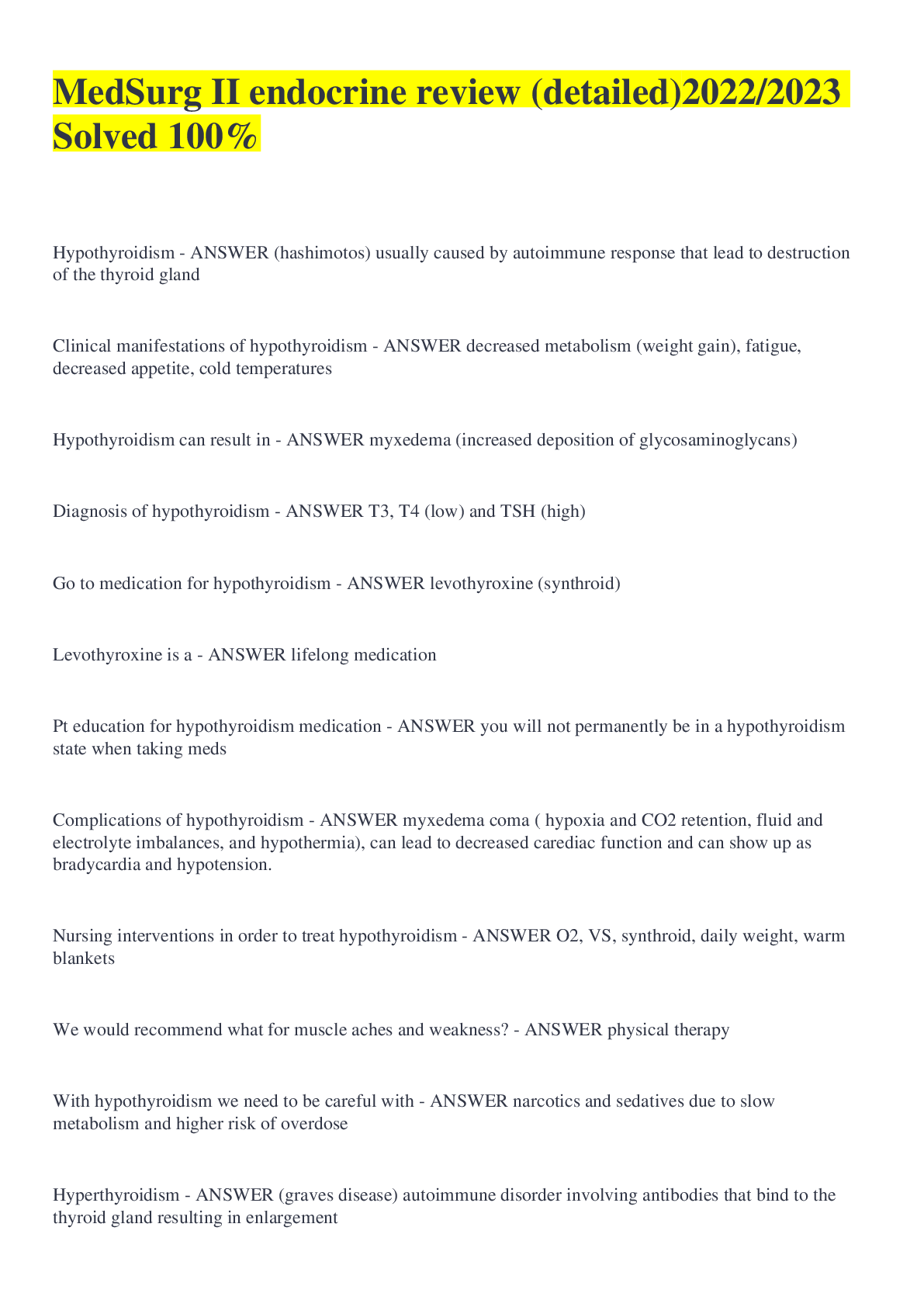 Preview image for MedSurg II endocrine review (detailed)2022/2023 Solved 100%
